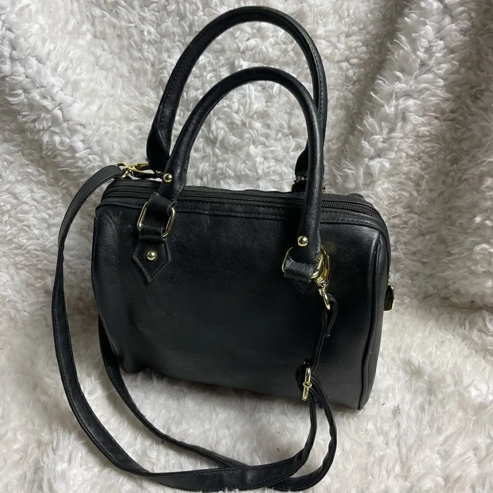 Betsey Johnson small quilted black Boston bag with pink heart embroidery